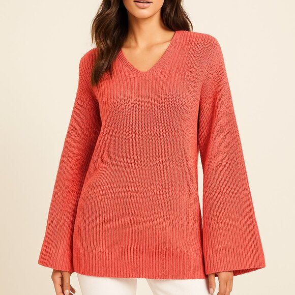 ANN TAYLOR CORAL OVERSIZED BULKY V-NECK FLARE SLEEVES COZZY SWEATER SIZE: XL NWT - Picture 1 of 5